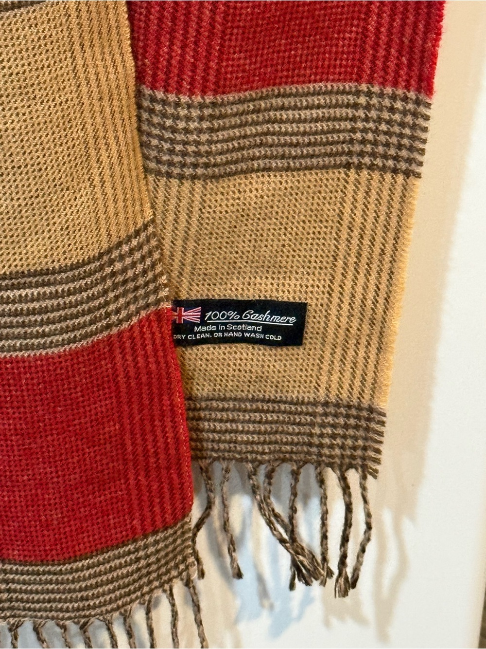 100% Cashmere Red and Tan Plaid Scarf - Made in Scotland